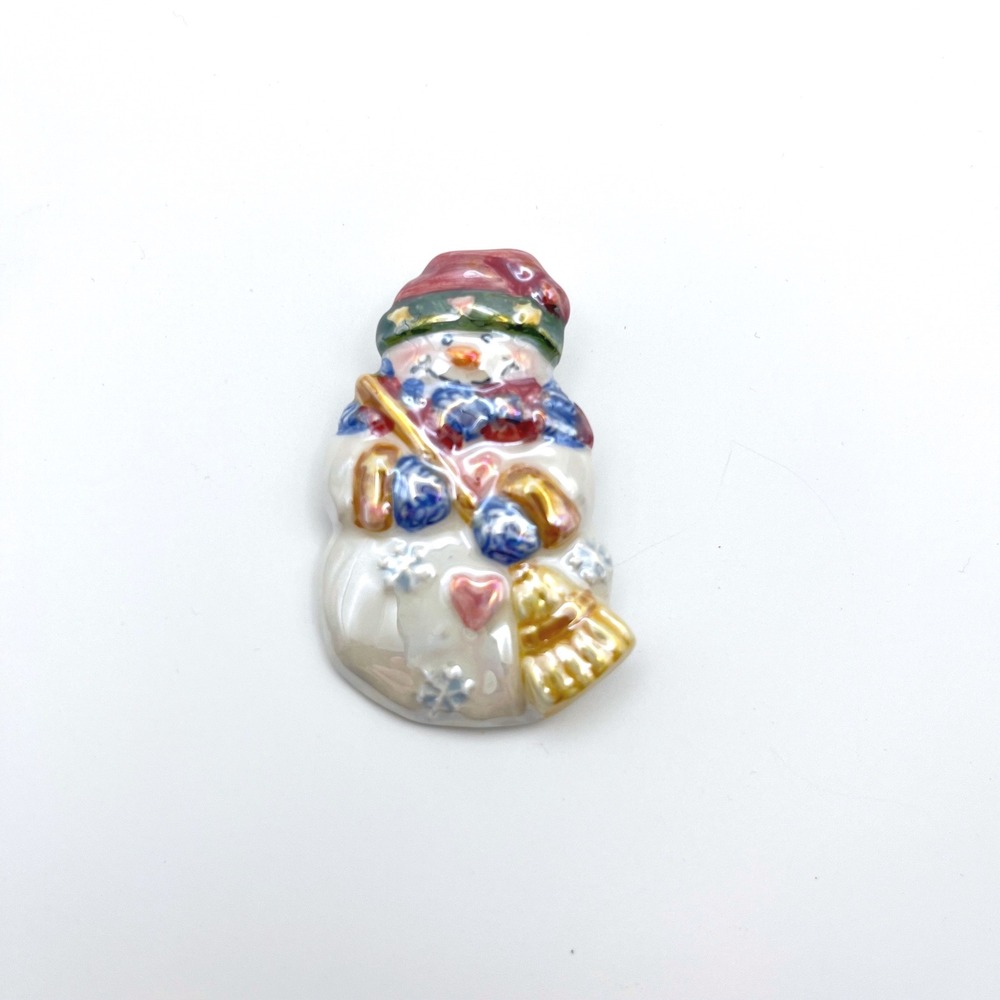 Ganz Snowman Pin Iridescent Ceramic Winter Holiday Christmas Brooch 2 Inch